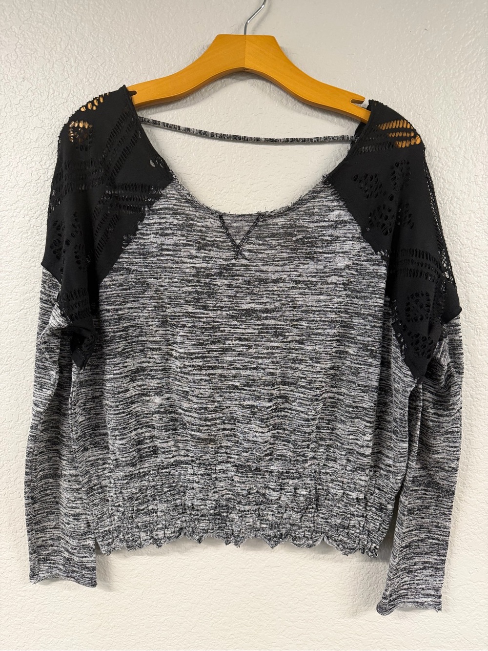 We The Free Black & Gray Crochet-Off the Shoulder Long Sleeve Top